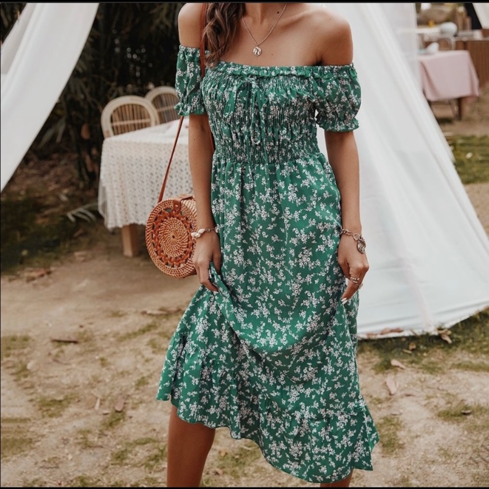 Off the shoulder green dress